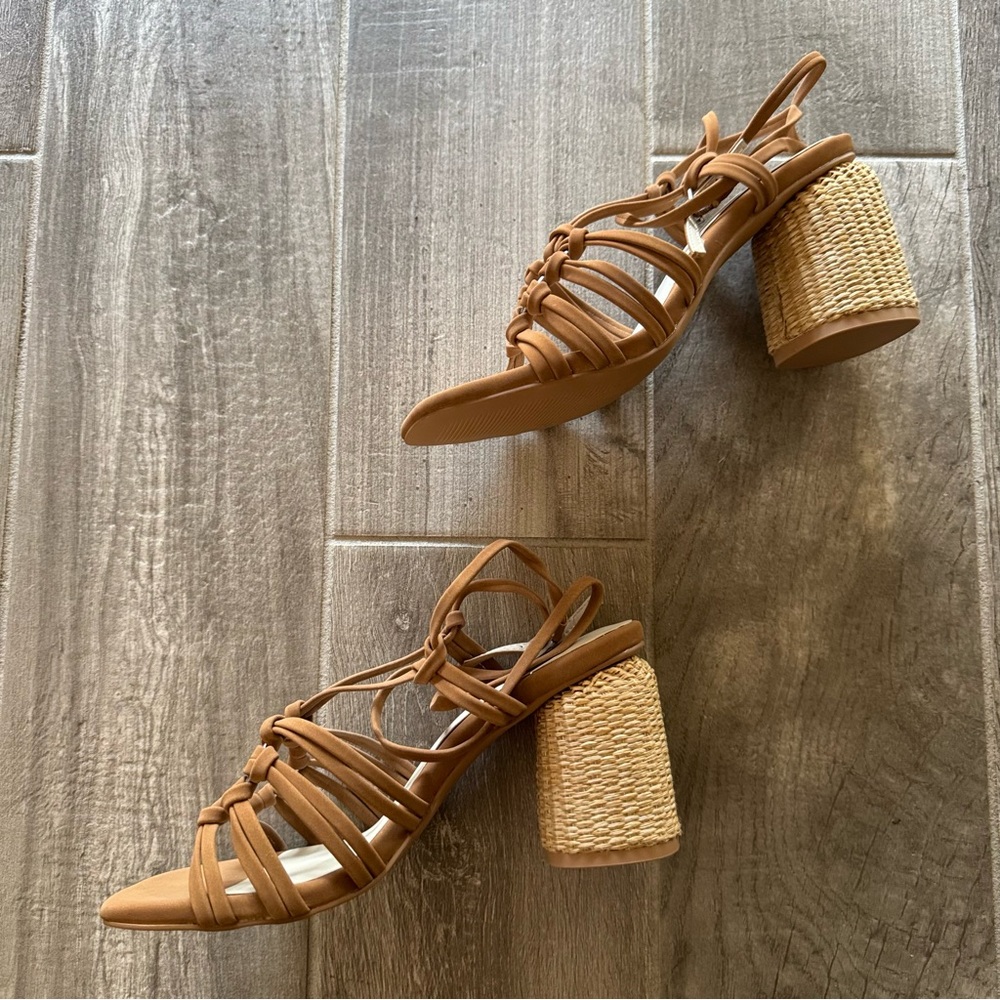 Koko Tan Strappy Straw Block Heels - Picture 5 of 12